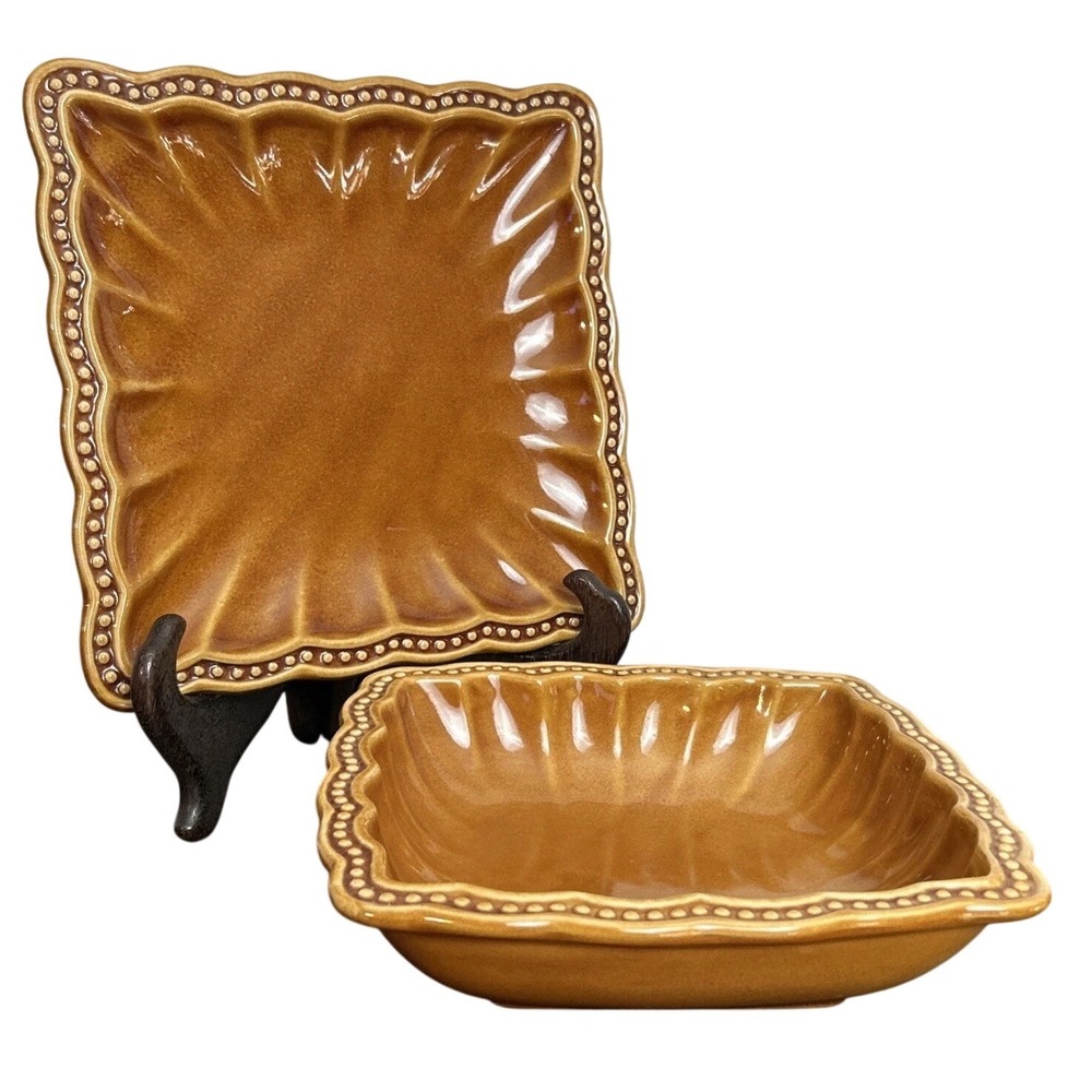 Roscher & Co Hobnail Collection Square Stoneware Plate & Bowl Amber Honey Glaze